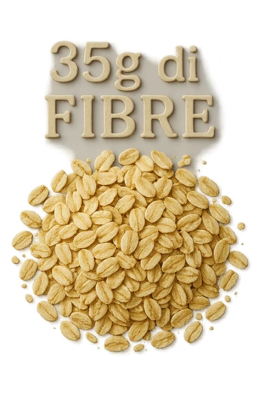 FIOCCHI DI AVENA VISTI DALL'ALTO E LA SCRITTA "35g di FIBRE" IN RILIEVO, IPERREALISTICO 4K sticker