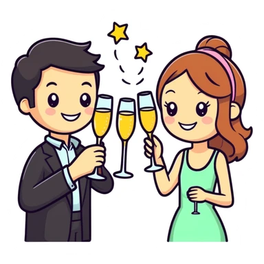 man and girl toasting with sparkling wine, smiling, cartoon sticker style sticker