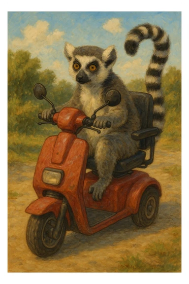 ring tailed lemur riding a mobility scooter, ghibli style, painterly, realistic fur and scooter sticker