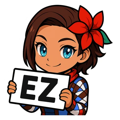 Azucena from Tekken 8 in chibi sticker style, holding a sign that says 'EZ', playful expression, designed for Twitch emote use sticker