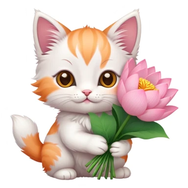 Kitten holding a bouquet of lotus flowers sticker
