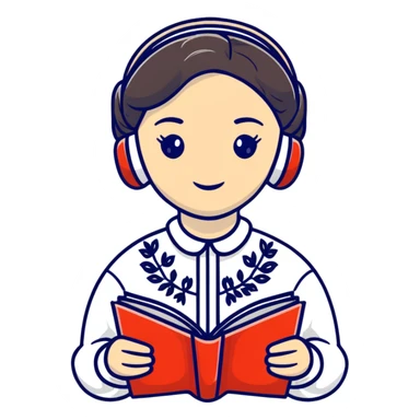 Young Ukrainian librarian wearing a traditional white embroidered vyshyvanka shirt with books sticker