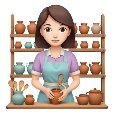 cartoon Apple iOS emoji style woman, pastel colors, Chilean wooden kitchen background, clay pots, warm light, detailed and clean vector art sticker
