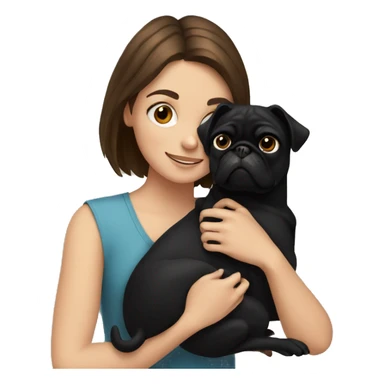 A girl with brown hair hugging a black pug dog sticker