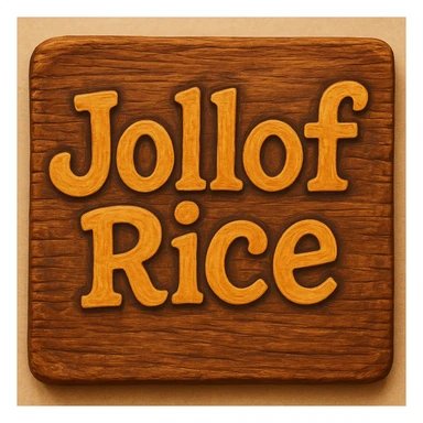 Make the sign look like it is made of wood, keep the text 'jollof rice' clear and playful. The style should resemble a wooden texture sign with playful and clear text. sticker