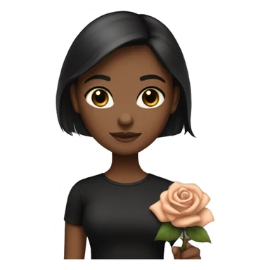 A girl with brown skin, dark brown hair and grey eyes in a black shirt holds a rose gold MacBook sticker