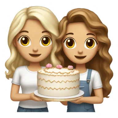 girl with blond wavy hair and tall girl with brown straight hair together holding big white cake sticker