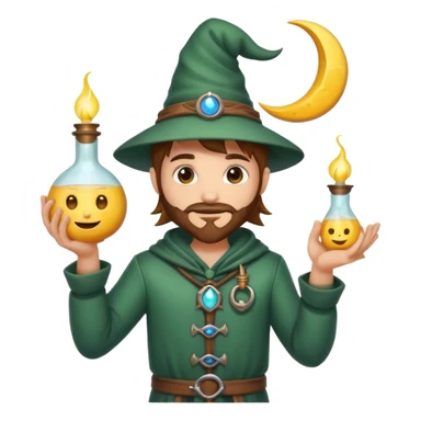 human forest alchemist character holding crescent moon like a glowing flask, mischievous idea face sticker