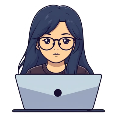 Girl with long black hair, glasses, nostril piercing, and a computer sticker