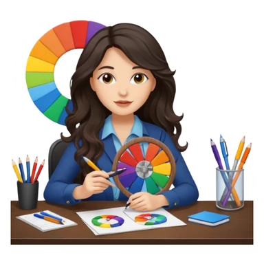 female dark wavy long hair graphic designer , holding color wheel , pens, papers, desktop sticker