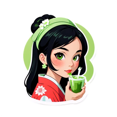 Asian woman with black hair and Matcha sticker