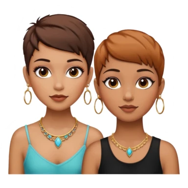 Puerto Rican fair skin straight brown pixie cut hair with hoop earrings make up and my best friend brown  colored pixie cut with jewelry and makeup on her caramel color face besties side-by-side wearing black  sticker