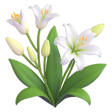 detailed white lily with six petals, a closed bud, and several green leaves sticker