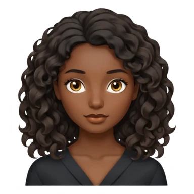 this avatar of 30th year-woman has shoulder-length black wavy hair with loose curls framing the face, and a long, pointed face, black skin with golden-brown eyes and a calm, neutral expression. sticker