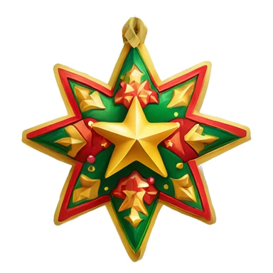 Traditional Ukrainian Christmas star for caroling, decorated with vibrant folkloric patterns, bright gold, red, and green colors, and small bells hanging from the edges, attached to a wooden pole. sticker