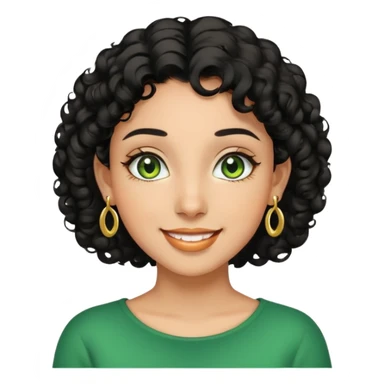 Girl showing happiness, medium skin tone, short curly black hair, gold earrings, green eyes sticker