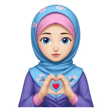 Turkish beautiful finish Konya girl blue eyes with mini cherry blossom hijab and lila blue pink dress and she make heart with hands sticker