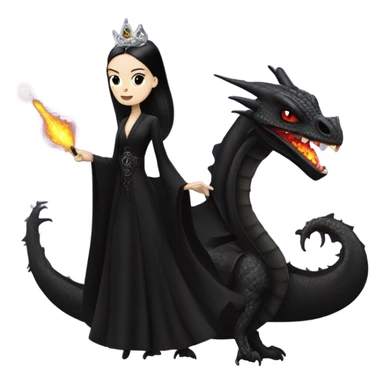 Lavish Victorian evening gown, young Morticia Addams Jedi wearing a mini tiara, riding on the back of a very large black shiny evil-looking fire-spewing horned dragon sticker