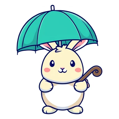 chubby bunny holding a mushroom umbrella, pastel beige and moss green sticker