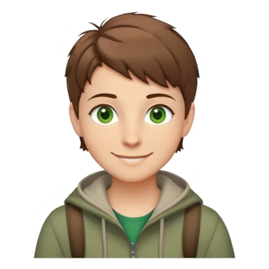 Rudeus Greyrat smiling warmly, green eyes, short brown hair, wearing travel clothes, friendly and kind expression sticker