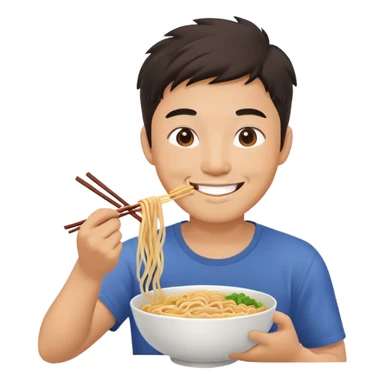 Asian man eating noodles and smiling  sticker