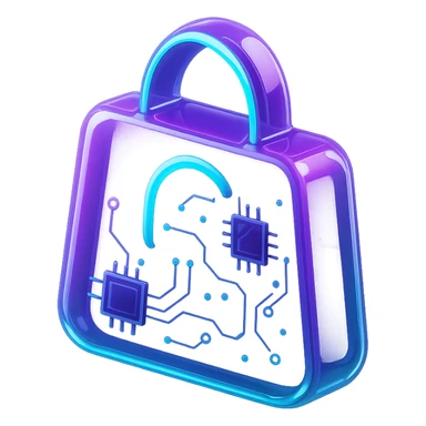 logo for an application, neon purple and cyan colors, black background, tech-inspired sticker