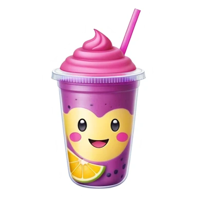 Cute Kawaii Smoothie Cup, filled with blended fruity goodness, a smiling face with excited eyes, bright colorful layers of pink, yellow, and purple, topped with a straw and tiny fruit slices! sticker