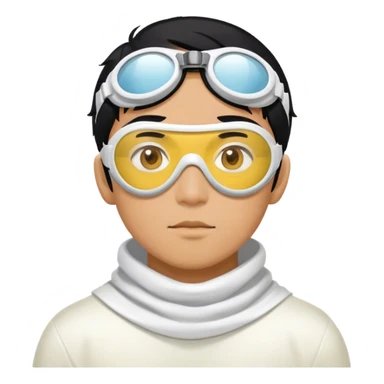 asian hero man with black hair, white circle goggles over the eyes, a yellow cowl sticker