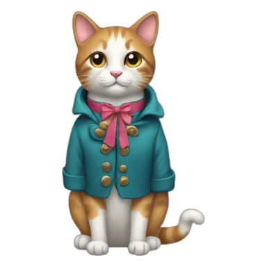 a cat with a coat with collar and a bow sticker