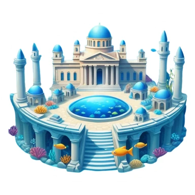 Atlantis underwater city with domed buildings, ancient Greek architecture, glowing blue energy crystal, surrounded by fish sticker
