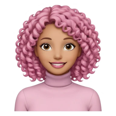 a woman with white long sleeve turtle neck top and smile, her hair is long curly and the color is black, her eyes color are black and the color of her lip is soft pink sticker