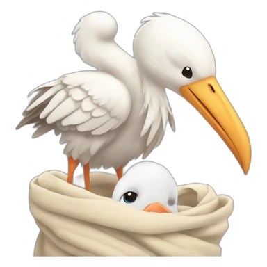 white stork carrying a bundle of cloth in its beak that has a cute baby human with light skin and dark hair and the baby face is peeking out from the cloths bundle the strok is carrying sticker