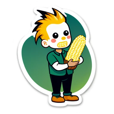 Bold corn with shining bold head holding logs in his hands and eating it  sticker