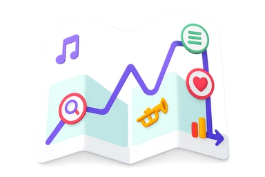 Create a fresh, modern paper map emoji in the style of Apple emojis, unfolded to show the attached digital roadmap drawing inside with a purple path and icons. The map symbolizes a musician's journey, colorful and clean with a transparent background. No city map elements, no antique or parchment style, and no text. sticker