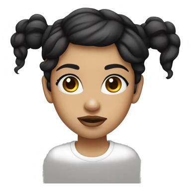 A girl with long wavy black hair, thick eyebrows, long eye lashes with white skin and pick lips. Wearing a white tshirt sticker