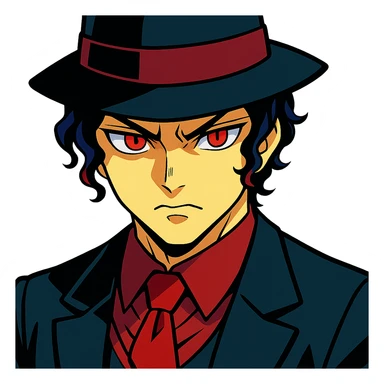 Muzan Kibutsuji from Demon Slayer, vibrant anime style, pale skin, black fedora, red eyes, menacing look sticker