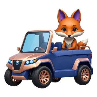 dark crystal blueberry and rosegold-accented cyber truck style-faceted-body electric racing car driven by a small cute but relaxed fox with rear spoiler, roll bar, and wheely bar sticker