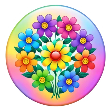 A round psychedelic colored button with rainbow colored flowers in the center sticker
