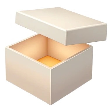 A clean, modern open box with crisp edges and a subtle shadow beneath, slightly tilted for depth. A soft glow or faint sparkles rise from inside, hinting at potential content yet to be added. The design is sleek, flat, and uncluttered, maintaining a light and inviting feel, perfect for an empty state UI. sticker