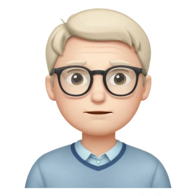 A small, timid-looking cartoon male character with pale skin, glasses, slightly nervous posture, blushing cheeks, subtle nerdy attire, soft color palette, stylized as a cute, minimalist emoji icon. sticker
