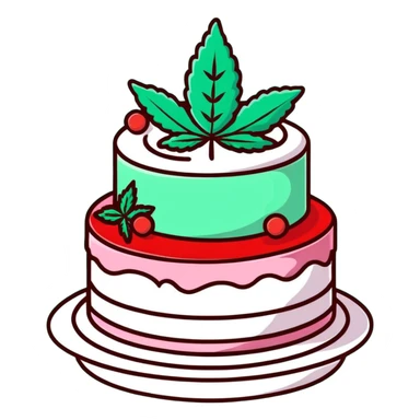 Festive confetti cake with mint leaves and a cannabis leaf as decoration sticker