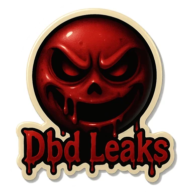 Make the emoji horror themed with creepy, horror elements. Use blood red and black colors. The text 'Dbd Leaks' should look like dripping blood. Keep the background transparent. sticker
