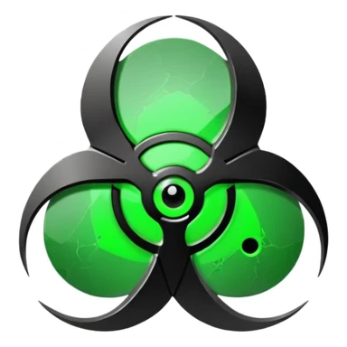 Minimalist emoji-style sticker of a fractured biohazard symbol with a small eye in the center. Stylized, geometric, no text.
 sticker