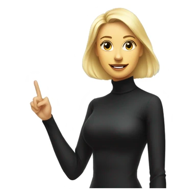 blonde woman in black turtleneck pitching investment to investors in front of a whiteboard sticker