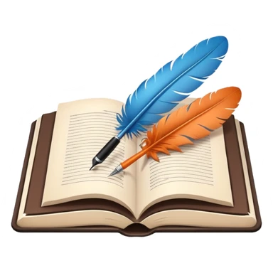 Minimalistic flat vector icon, iOS style, thin black contour on white background. Open book with a feather pen. Clean, no text, no shadows. sticker