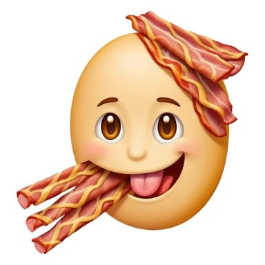 tongue out emoji holding a bacon strip, playful pose sticker
