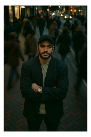 overhead shot of me standing still on a brick city sidewalk, wearing a dark oversized blazer,
motion-blurred crowd rushes past around me. Moody lighting, 35mm film look, shallow depth of field, sharp focus on me. sticker