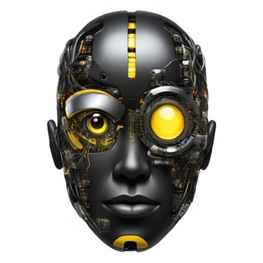 black and yellow cyborg head with circuitry and artificial eyeball sticker