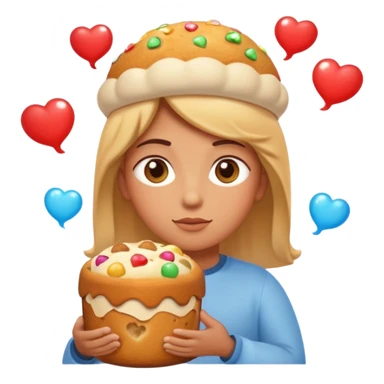 Apple-style emoji illustration of a person with dreamy eyes, and avobe them a thinking bubble with a traditional panettone inside the bubble, small hearts floating around, soft 3D emoji style, smooth gradients, rounded shapes, warm festive colors, simple expression. sticker