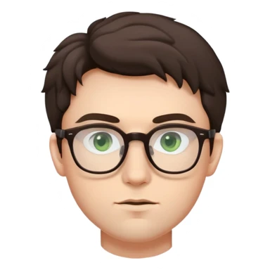 Young man with slightly curled dark brown poofy hair, green eyes wearing glasses, wide face with eyes set apart, bigger ears, pale skin, slightly bigger nose, fuller darker lips, and very light stubble sticker